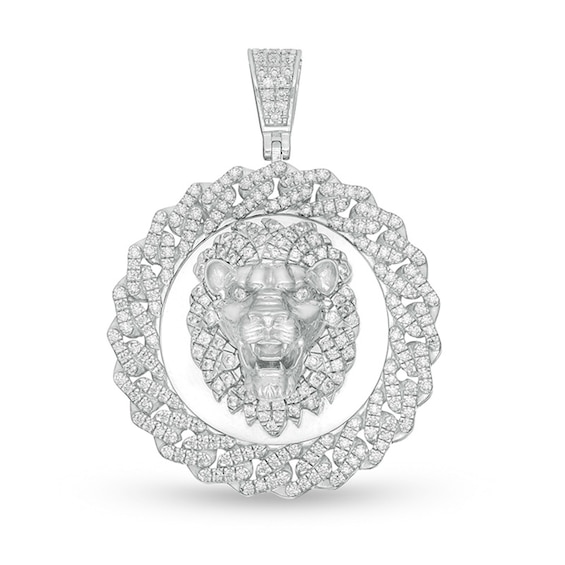 Cubic Zirconia Lion Head Chain Link Frame Medallion Necklace Charm in Solid Sterling Silver