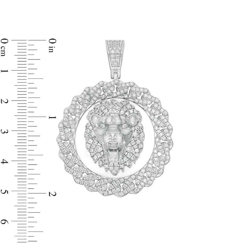 Cubic Zirconia Lion Head Chain Link Frame Medallion Necklace Charm in Solid Sterling Silver
