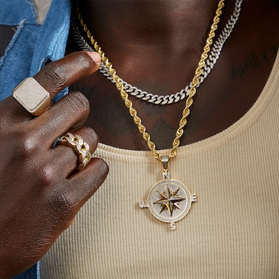 Diamond Accent Beaded Compass Necklace Charm in Sterling Silver with 14K Gold Plate