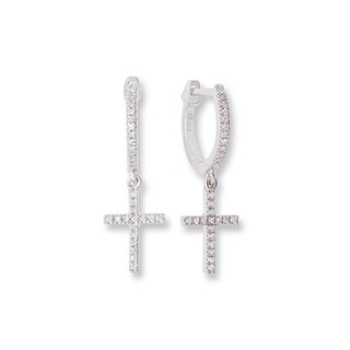 Sterling Silver 1/6 CT. T.W. Diamond Cross Dangle Huggie Hoops