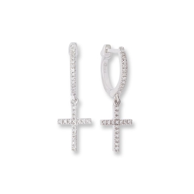 Sterling Silver 1/6 CT. T.W. Diamond Cross Dangle Huggie Hoops