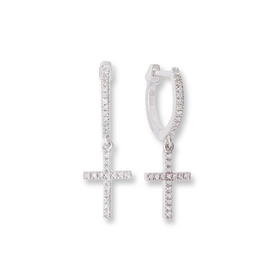 Sterling Silver 1/6 CT. T.W. Diamond Cross Dangle Huggie Hoops
