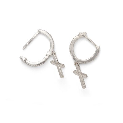 Sterling Silver 1/6 CT. T.W. Diamond Cross Dangle Huggie Hoops