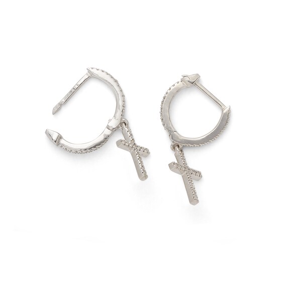 Sterling Silver 1/6 CT. T.W. Diamond Cross Dangle Huggie Hoops