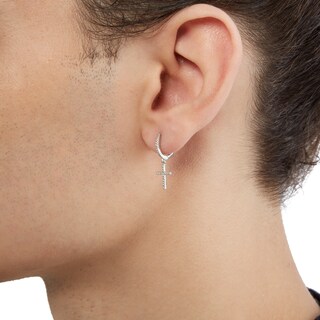 Sterling Silver 1/6 CT. T.W. Diamond Cross Dangle Huggie Hoops