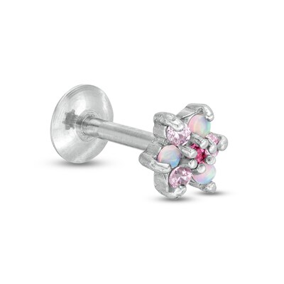 016 Gauge Pink Simulated Opal and Cubic Zirconia Flower Cartilage Barbell in Stainless Steel