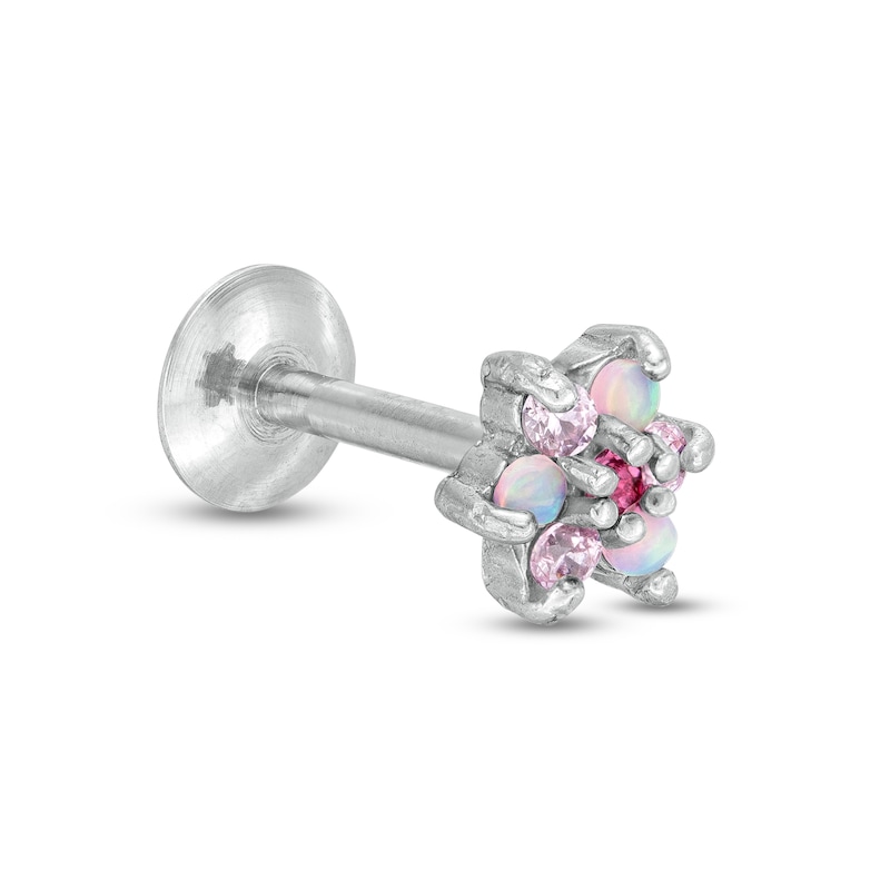 016 Gauge Pink Simulated Opal and Cubic Zirconia Flower Cartilage Barbell in Stainless Steel