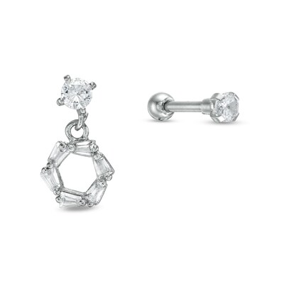 016 Gauge 3mm Cubic Zirconia Geometric Dangle and Solitaire Cartilage Barbell Set in Stainless Steel and Brass