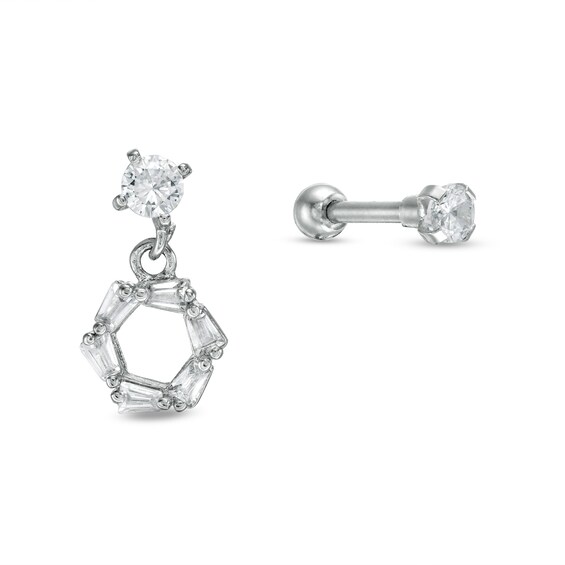 016 Gauge 3mm Cubic Zirconia Geometric Dangle and Solitaire Cartilage Barbell Set in Stainless Steel and Brass