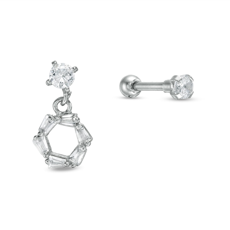 016 Gauge 3mm Cubic Zirconia Geometric Dangle and Solitaire Cartilage Barbell Set in Stainless Steel and Brass