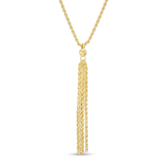 012 Gauge Hollow Rope Chain and Bead Tassel Drop Necklace in 10K Gold