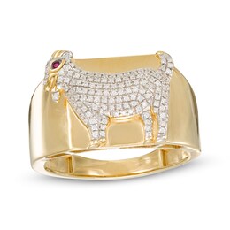 1/3 CT. T.W. Diamond and Emerald-Cut Red Cubic Zirconia Pavé Goat Square Top Ring in 10K Gold