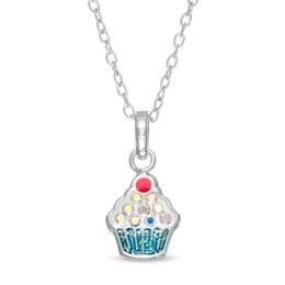 Child's Iridescent Cubic Zirconia Blue Enamel Cupcake Pendant in Sterling Silver - 15&quot;