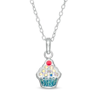 Child's Iridescent Cubic Zirconia Blue Enamel Cupcake Pendant in Sterling Silver - 15"