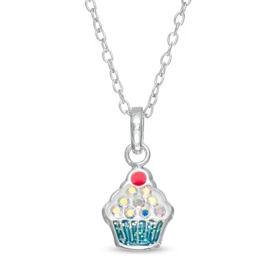 Child's Iridescent Cubic Zirconia Blue Enamel Cupcake Pendant in Sterling Silver - 15"