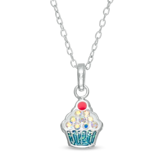 Child's Iridescent Cubic Zirconia Blue Enamel Cupcake Pendant in Sterling Silver - 15"