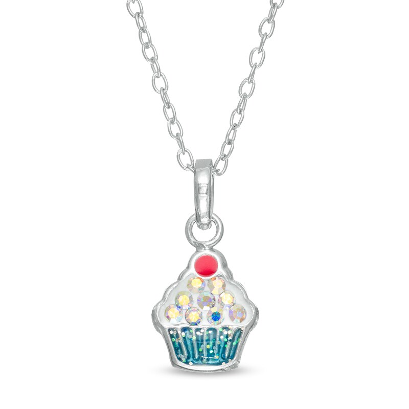 Child's Iridescent Cubic Zirconia Blue Enamel Cupcake Pendant in Sterling Silver - 15"