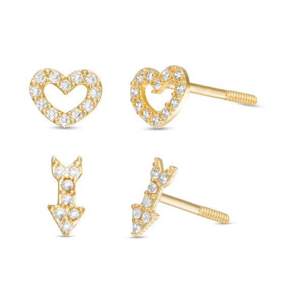 Child's Cubic Zirconia Heart and Arrow Mismatch Stud Earrings in 10K Gold
