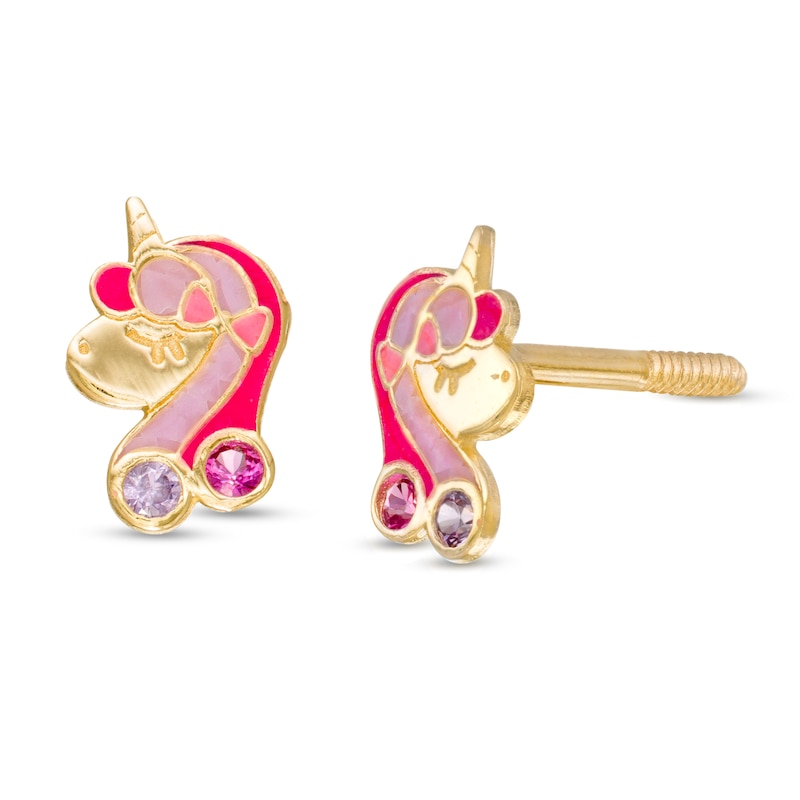 14K Yellow Gold Colorful Unicorn Screw Back Earrings for Young Girls & Preteen, Girl's, Size: Small, Pink