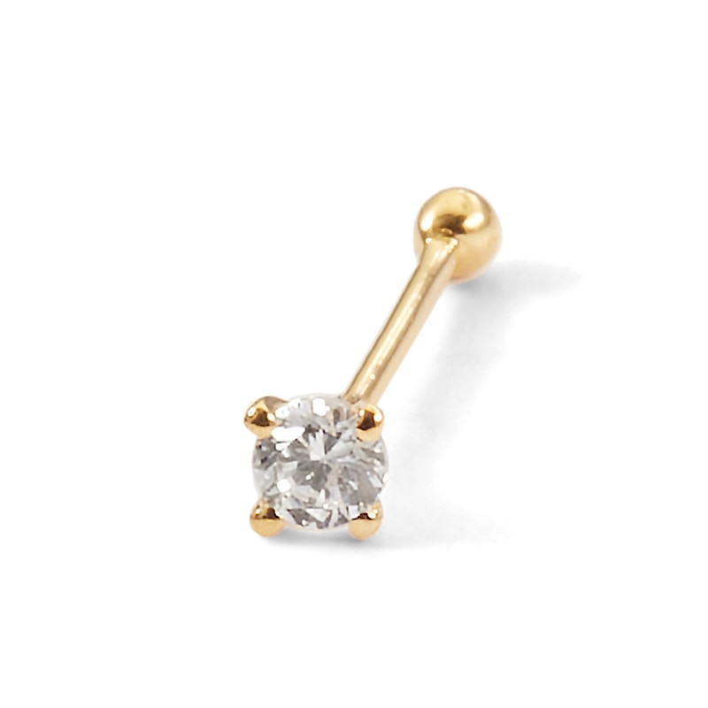 Main Image 1 of 018 Gauge Diamond Accent Solitaire Straight Nose Bone Barbell in 14K Gold - 1/4"