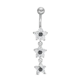 Stainless Steel CZ Black and White Flower Dangle Belly Button Ring - 14G 3/8"
