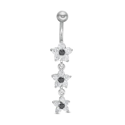 Stainless Steel CZ Black and White Flower Dangle Belly Button Ring - 14G 3/8"