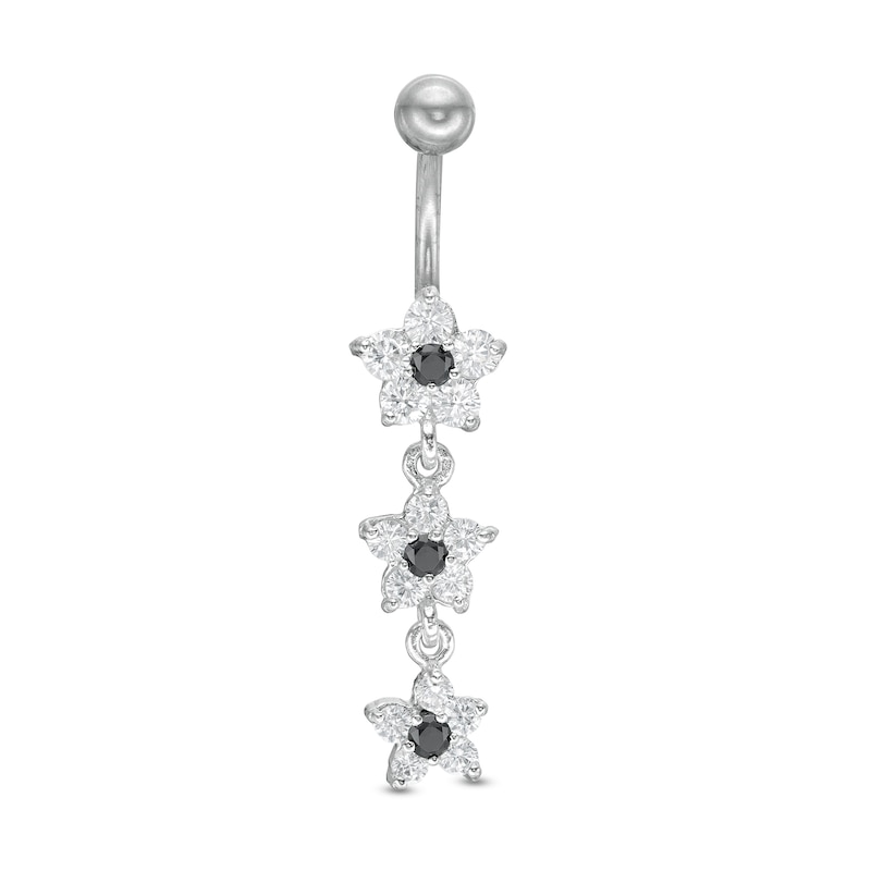 Stainless Steel CZ Black and White Flower Dangle Belly Button Ring - 14G 3/8"