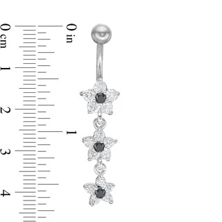 Stainless Steel CZ Black and White Flower Dangle Belly Button Ring - 14G 3/8"