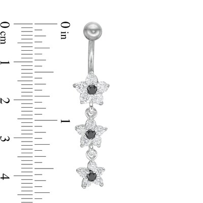 Stainless Steel CZ Black and White Flower Dangle Belly Button Ring - 14G 3/8"