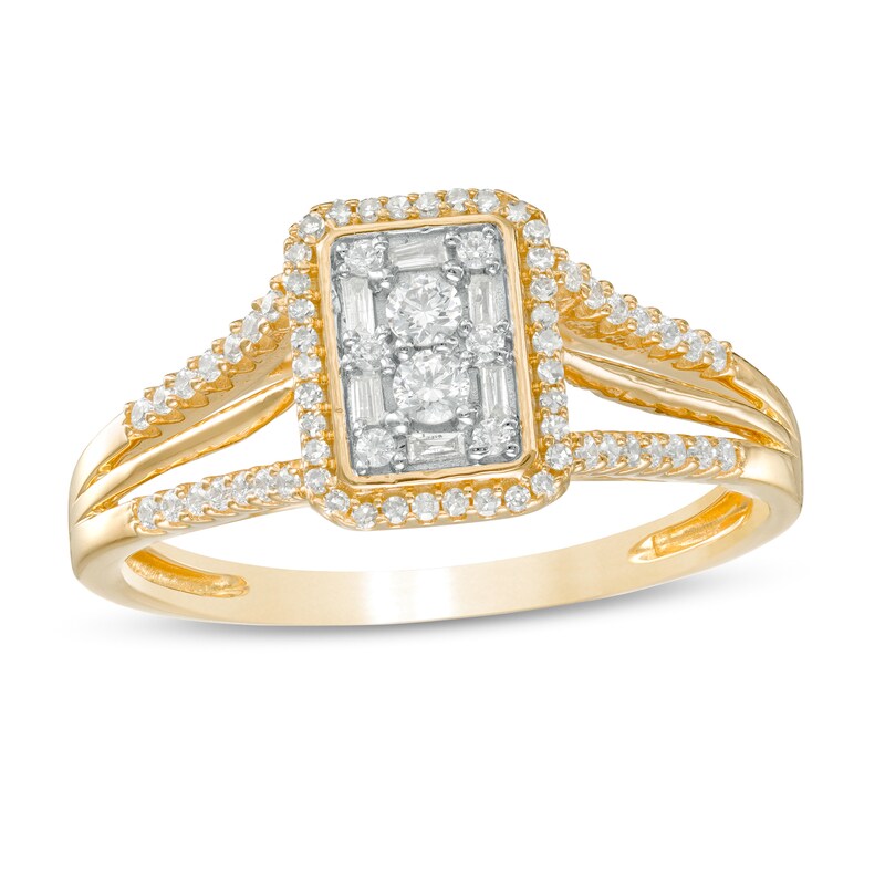 1/3 CT. T.W. Baguette and Round Composite Diamond Rectangle Frame Triple Row Split Shank Engagement Ring in 10K Gold