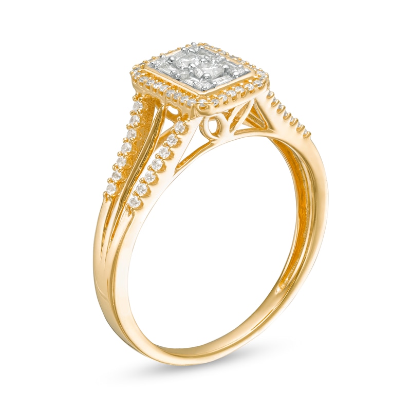1/3 CT. T.W. Baguette and Round Composite Diamond Rectangle Frame Triple Row Split Shank Engagement Ring in 10K Gold