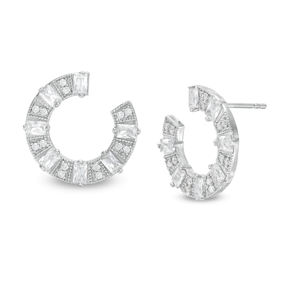 Baguette and Round Cubic Zirconia Stud Earrings in Sterling Silver
