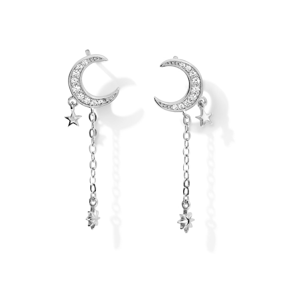 Cubic Zirconia Crescent Moon and Star Dangle Stud Earrings in Solid Sterling Silver