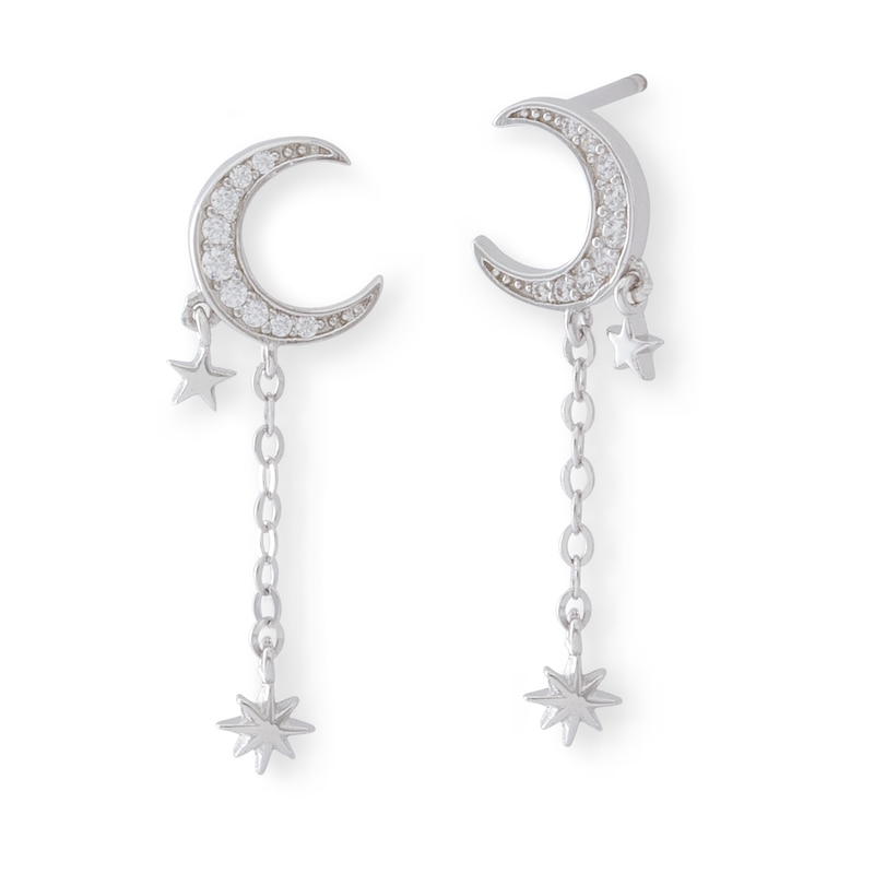 Cubic Zirconia Crescent Moon and Star Dangle Stud Earrings in Solid Sterling Silver