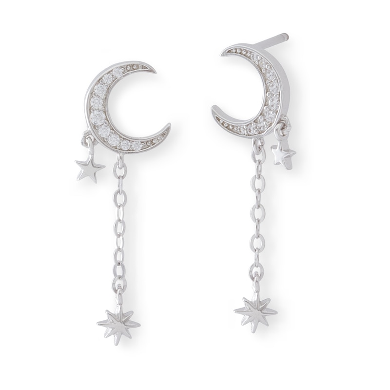 Crescent Moon and Star Dangle Stud Earrings