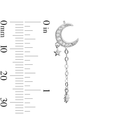 Solid Sterling Silver CZ Crescent Moon and Star Dangle Earrings