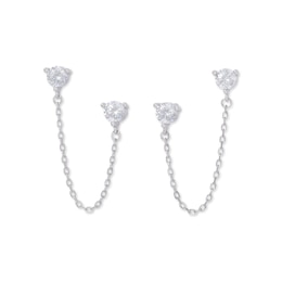 Cubic Zirconia Chain Dangle Stud Earrings in Solid Sterling Silver