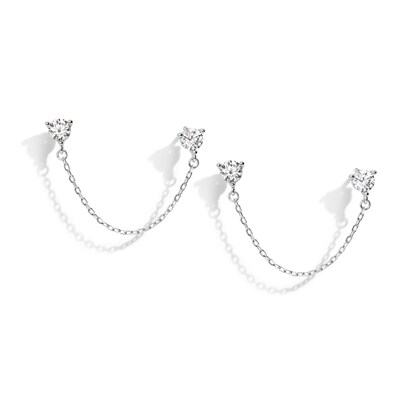 Solid Sterling Silver 4mm CZ Chain Dangle Drop Earrings