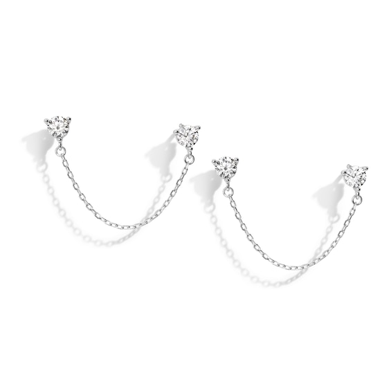 Cubic Zirconia Chain Dangle Stud Earrings in Solid Sterling Silver