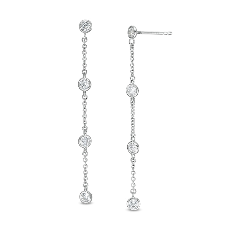 Cubic Zirconia Station Chain Drop Earrings in Solid Sterling Silver