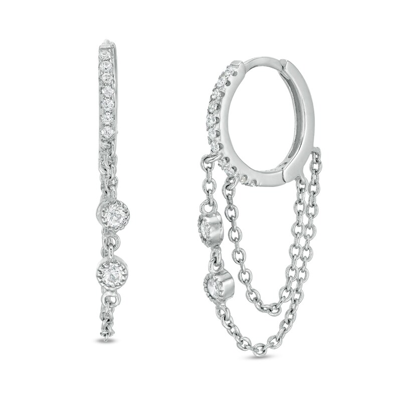 Cubic Zirconia Chain Dangle Hoop Earrings in Sterling Silver