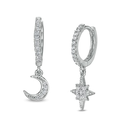 Cubic Zirconia Moon and Star Drop Earrings in Solid Sterling Silver