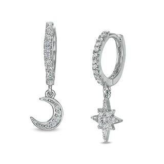 Solid Sterling Silver CZ Moon and Star Mismatch Dangle Huggies