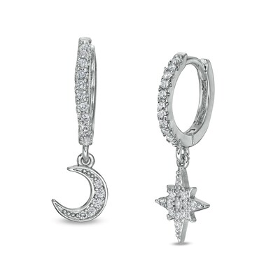 Solid Sterling Silver CZ Moon and Star Mismatch Dangle Huggies