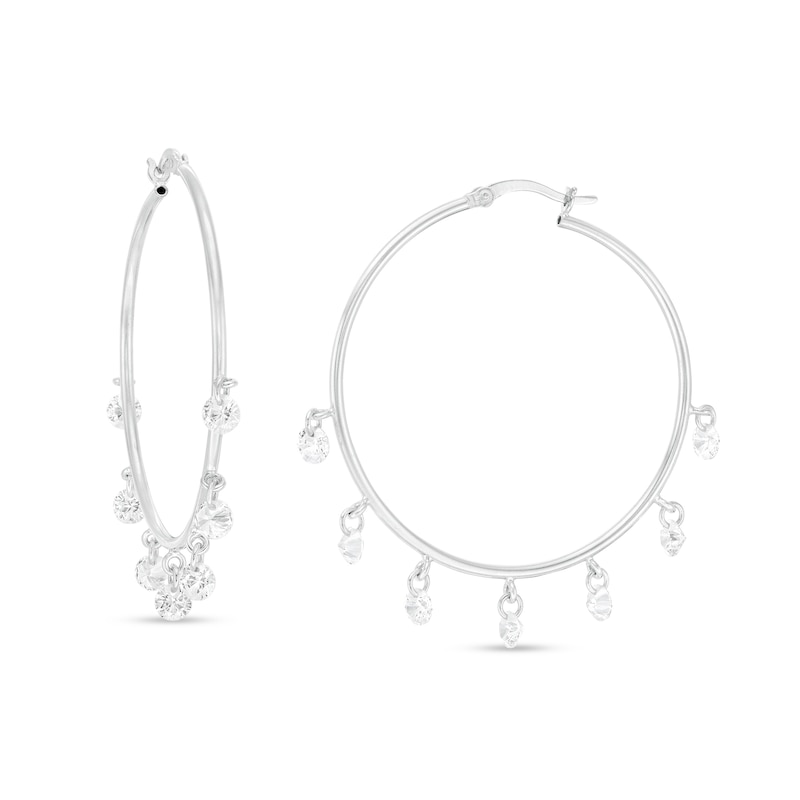 4mm Cubic Zirconia Dangle Tube Hoop Earrings in Sterling Silver