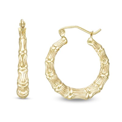 21mm Textured Bamboo Tube Hoop Earrings in 10K Stamp Hollow Gold