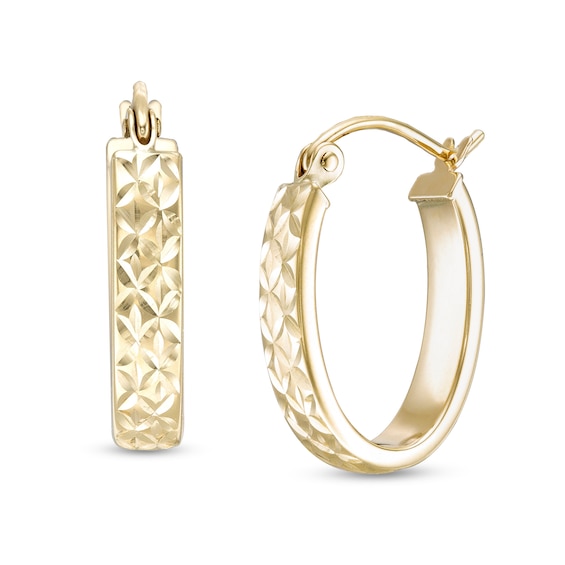 12.5 x 18mm Diamond-Cut "X" Oval Flat Hoop Earrings in 10K Tube Hollow Gold