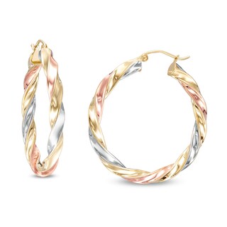 35mm Ribbon Twist Hoop Earrings in 10K Tube Hollow Tri-Tone Gold