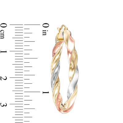 35mm Ribbon Twist Hoop Earrings in 10K Tube Hollow Tri-Tone Gold