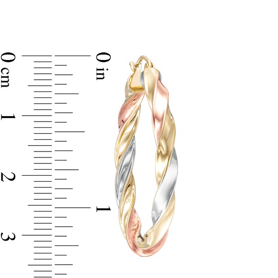 35mm Ribbon Twist Hoop Earrings in 10K Tube Hollow Tri-Tone Gold